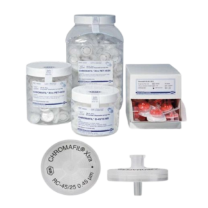 Syringe filters labeled CHROMAFIL Xtra RC- 25 mm 0.45 µm, ESMC, MN, Germany