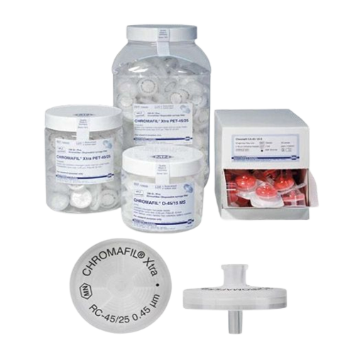 Syringe filters labeled CHROMAFIL Xtra RC- 25 mm 0.45 µm, ESMC, MN, Germany